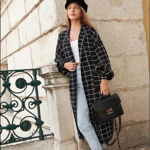 Jackets & Blazers - Lapel Neck Lantern Sleeve Belted Plaid Coat
